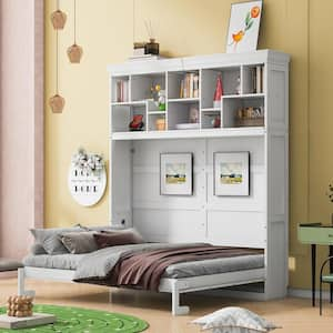 White Wood Frame Queen Size Murphy Bed with Top Shelves, USB Ports and Sockets