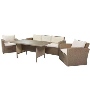 Lois Beige 4-Piece All Weather Wicker Outdoor Sectional Sofa Set with White Fabric Cushions Seats