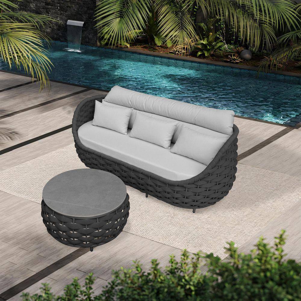 Bird's Nest Shaped Black Aluminum Frame Outdoor Couch 3-Seat Sofa Daybed with Gray Cushion and Coffee Table