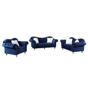 Luxury Classic 3 Piece America Chesterfield Tufted Camel Back Sofa Set Chair, Loveseat and Sofa in Blue