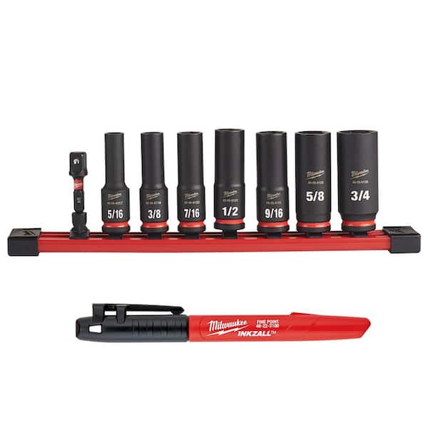 Milwaukee SHOCKWAVE Impact Duty 3/8 in. SAE Deep Impact Rated Socket Set (8-Piece) and 1 Inkzall Jobsite Permanent Marker