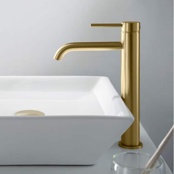 Single Handle Lever Handle Single Hole Bathroom Sink Faucet with Supply Lines and Adjustable Flow Rate in Brushed Gold