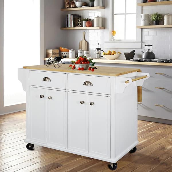 FAMYYT White Drop-Leaf Solid Wood Tabletop 52 in. Kitchen Island with Drawers and Adjustable Shelves