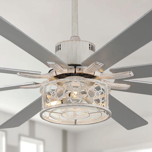 Farmhouse 72 in. Large Indoor Distressed White Reversible Ceiling Fan with Lights and Remote, 6-Speed