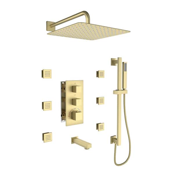 CASAINC 3-Spray 12 in. Wall Mount Fixed and Handheld Dual Shower Head 2.5GPM with 6-Body Jets and Adjustable Rod in Brushed Gold