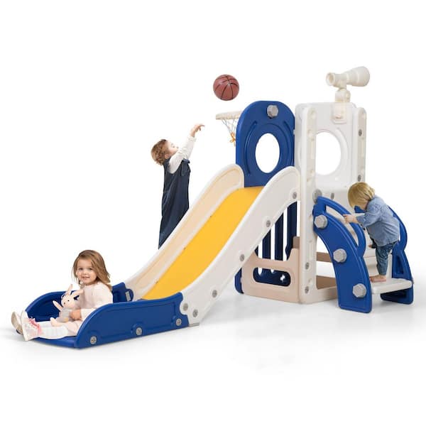 6 in 1 Toddle Slide, Indoor Outdoor Baby Slide with Basketball Hoop, Telescope, Storage Space and Non-Slip Steps