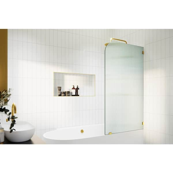 Glass Warehouse 34 in. x 58.25 in. Right-Hand Single Fixed Frameless Fluted Frosted Bath Panel Radius Shower Tub Door