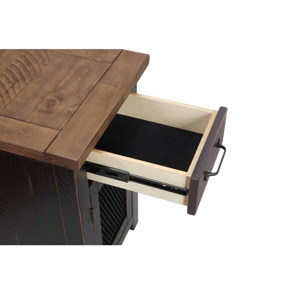 Espresso Rustic Pine Chairside Table with Power Outlets and Storage
