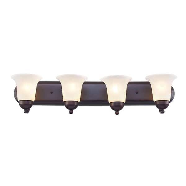 Bel Air Lighting Cabernet Collection 30 in. 4-Light Oiled Bronze Bathroom Vanity Light Fixture with White Marbleized Glass Shades
