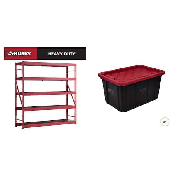 5-Shelf Red Metal Garage Shelving Unit (90 in. x 90 in. x 24 in.) and 27 Gal. Black and Red Storage Tote (4-Count)