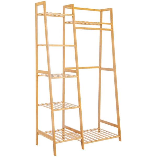 Unbranded Brown Bamboo Garment Clothes Rack with 5 Shelves 32 in. W x 55 in. H