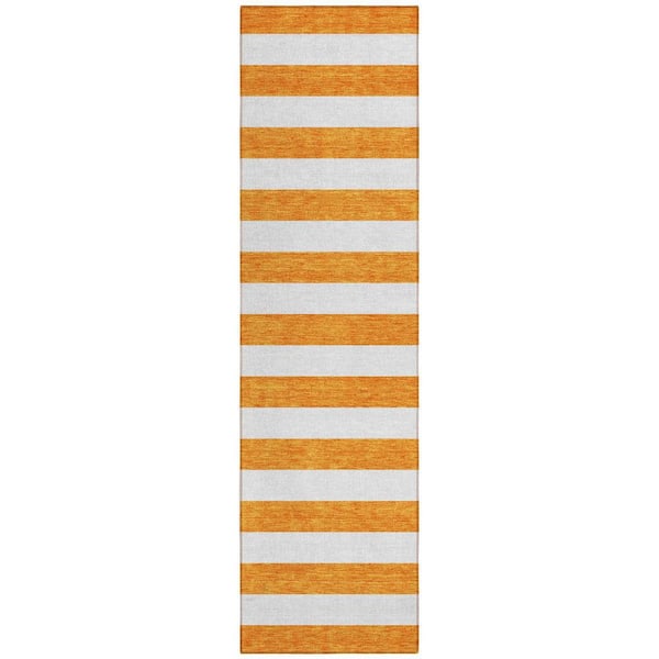 HomeRoots Orange, White 2 ft. x 8 ft. Woven Striped Polyester Runner Indoor / Outdoor Area Rug