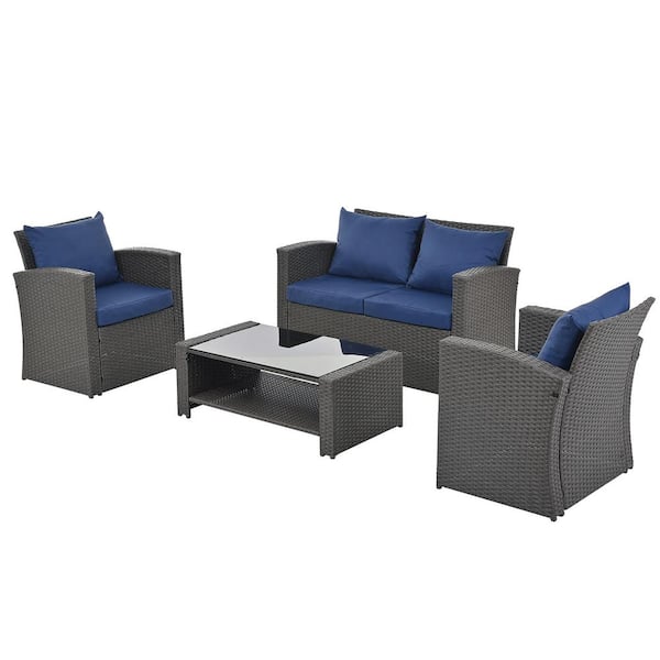 Tunearary Outdoor 4 Piece Brown PE Wicker Conversation Set Furniture Set with Tempered Glass Table and 4 Blue Cushion Cushion