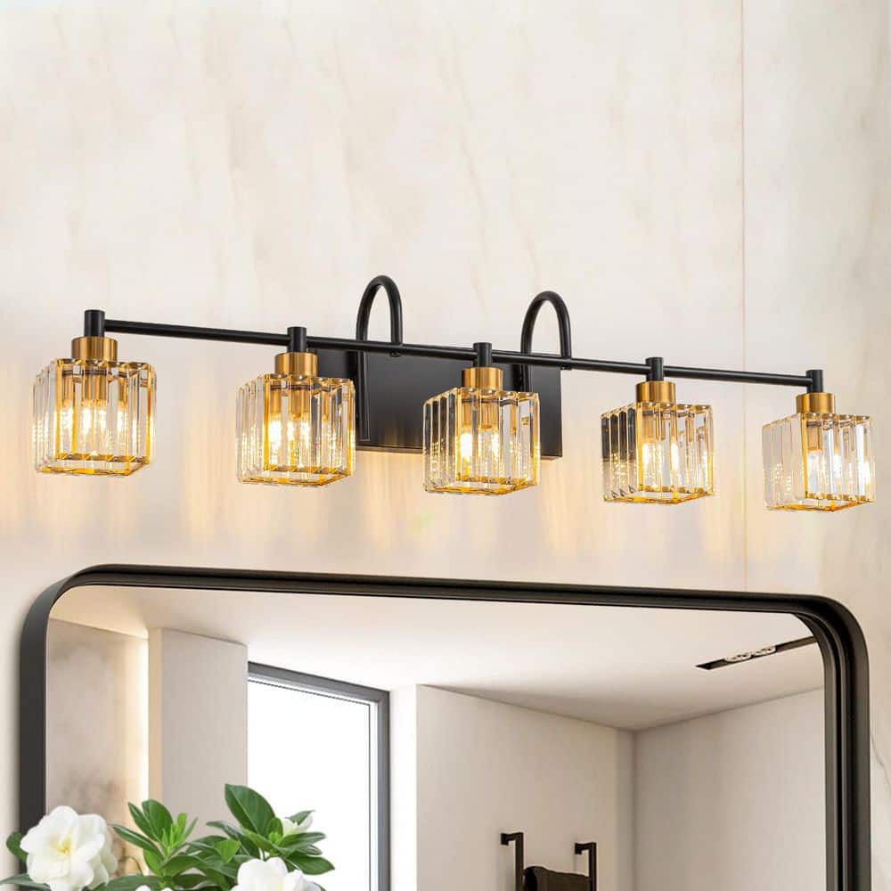 35.83 in. 5-Light Black and Gold Cube Wall Vanity Light with Crystal Shades