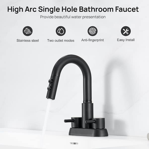 4 in. Centerset Double Handle Pull Down Bathroom Sink Faucet with 2 Modes Sprayer and Pop-Up Drain in Matte Black
