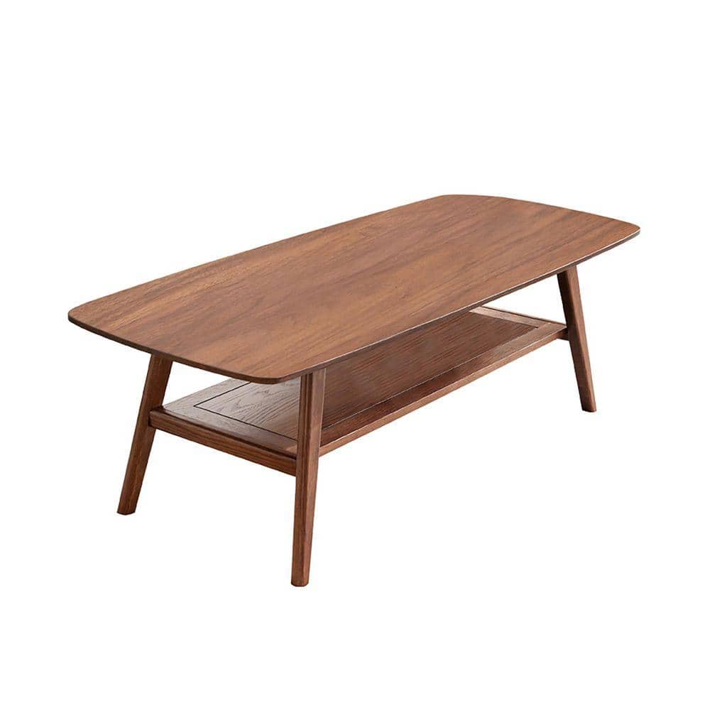 Walnut brown rectangular wood coffee table on a white background.