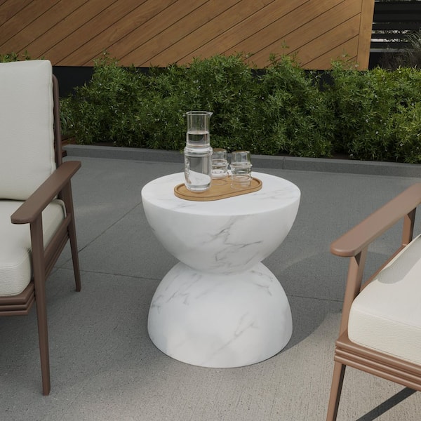 Leisuremod Sage Minimalist Side Table in Fiberstone Hourglass Design Accent End Table for Indoor and Outdoor Patio in Marbled White