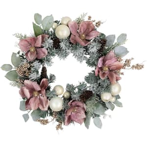 24 in. Unlit Pink Floral and Ball Ornament Frosted Pine Artificial Christmas Wreath