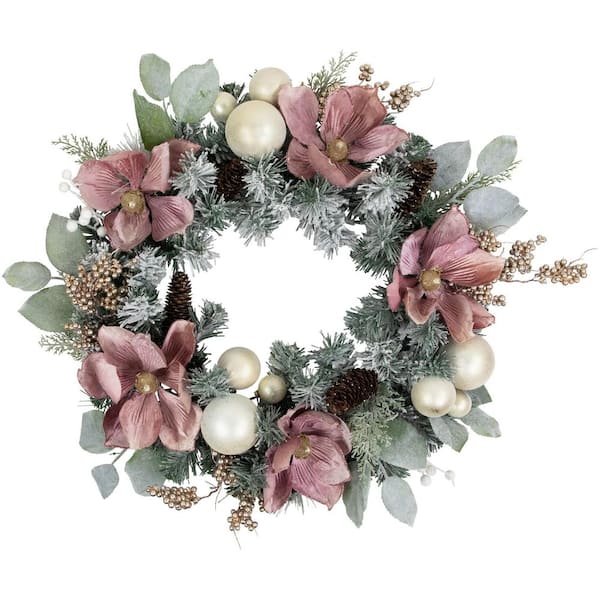 24 in. Unlit Pink Floral and Ball Ornament Frosted Pine Artificial Christmas Wreath
