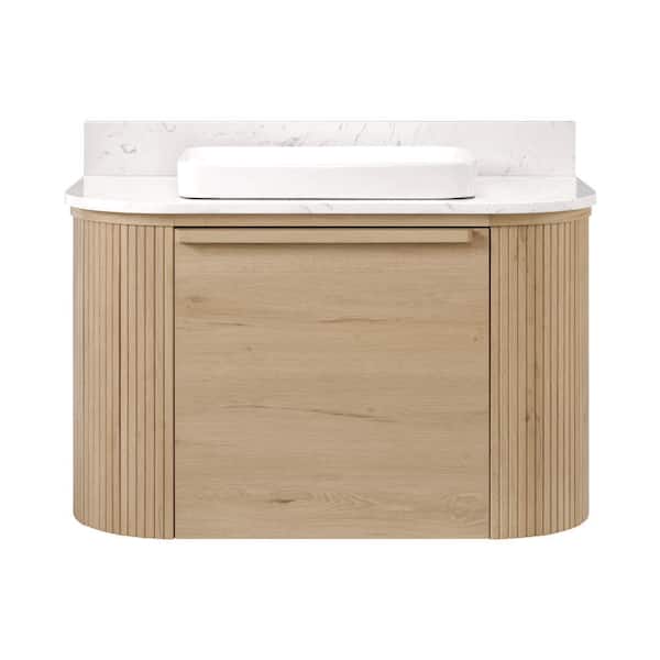 Blake 37 in. Single Sink Floating Bathroom Vanity in Natural Teak with White Engineered Stone Top (Assembled)