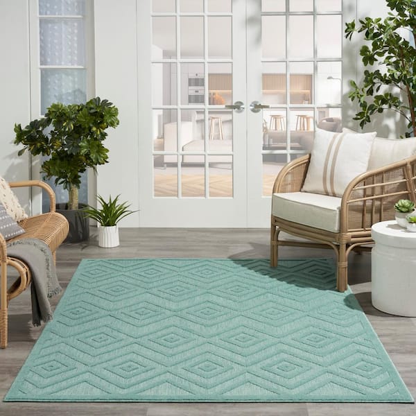 Versatile Aqua/Teal 5 ft. x 7 ft. Geometric Contemporary Indoor/Outdoor Area Rug