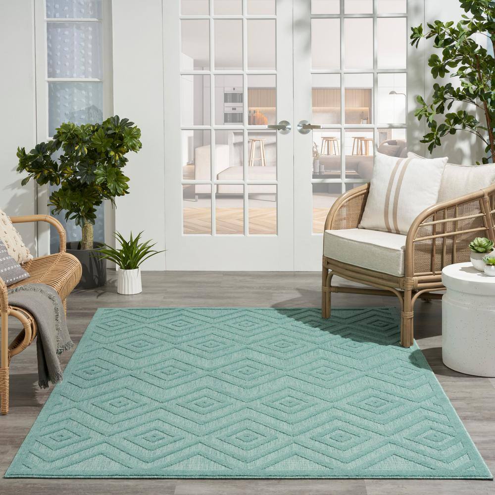 Aqua Teal Diamond 5' x 7' Easy-Care Synthetic Outdoor Rug