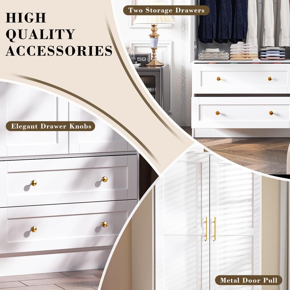 White Shaker Style Two-Door Armoire with Gold Handles