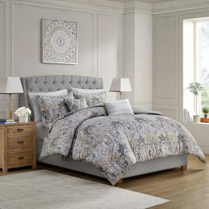 Hallie 5-Piece Grey Cotton Full/Queen Duvet Cover Set