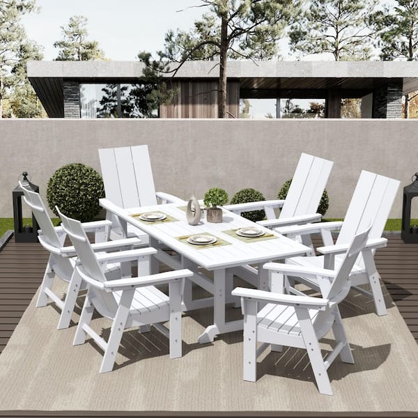 WESTIN OUTDOOR Shoreside Outdoor Patio Weather Resistant White 7-Piece HDPE Plastic Adirondack Dining Set