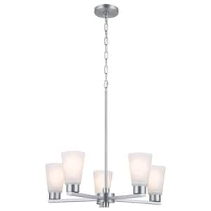 Stamos 24 in. 5-Light Brushed Nickel Modern Shaded Circle Dining Room Chandelier with Satin Etched Glass Shades