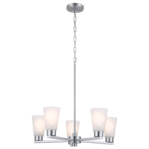 Stamos 24 in. 5-Light Brushed Nickel Modern Shaded Circle Dining Room Chandelier with Satin Etched Glass Shades