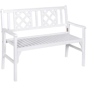 Foldable Garden Bench, 2-Seater Patio White Wood Outdoor Bench, Loveseat Chair with Backrest and Armrest