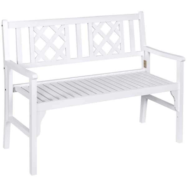 Outsunny Foldable Garden Bench, 2-Seater Patio White Wood Outdoor Bench, Loveseat Chair with Backrest and Armrest
