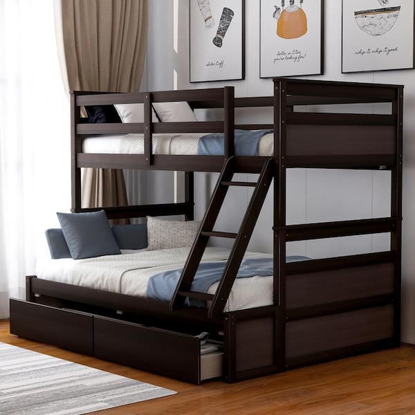 Harper & Bright Designs Espresso Twin over Full Wood Bunk Bed with 2-Drawers