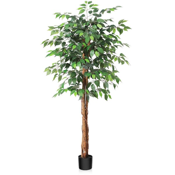 DR.Planzen 5 ft. Artificial Ficus Tree With Natural Wood Trunk in Pot, Fake Tropical Ficus Plants Indoor Decor