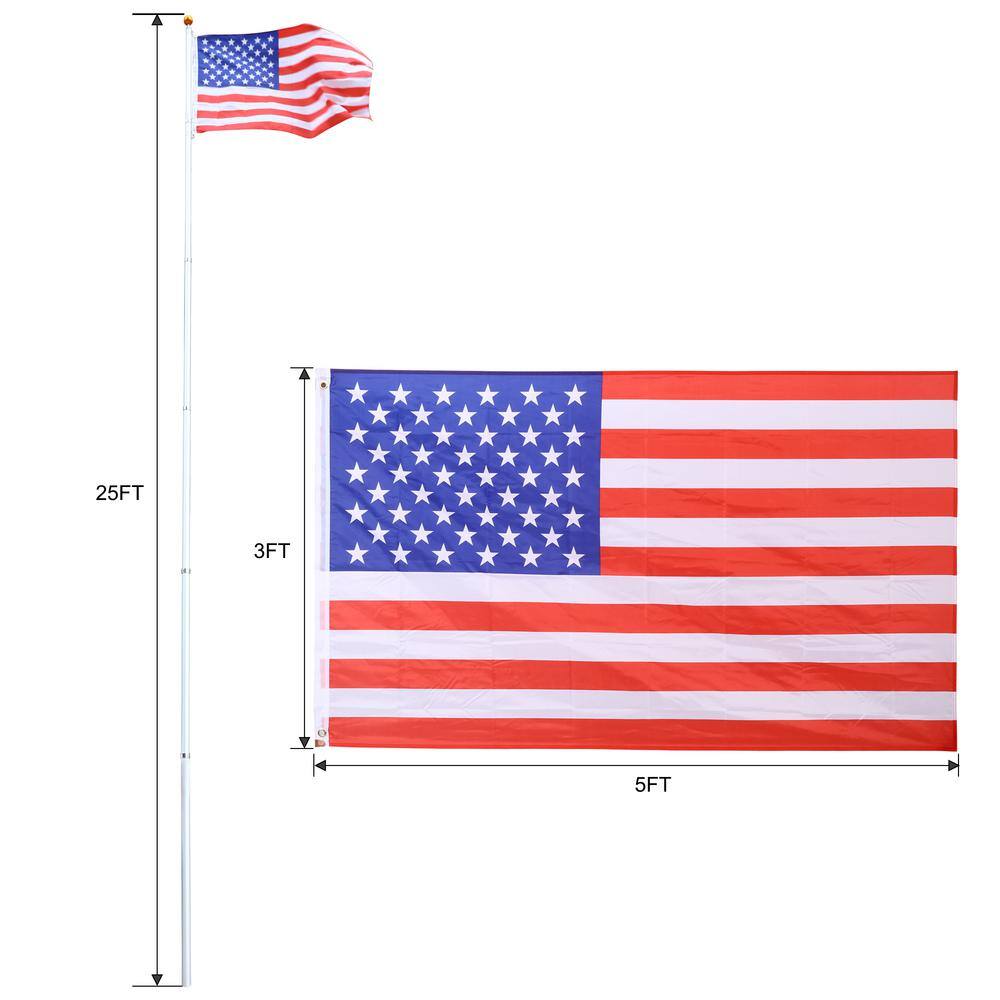 25FT Heavy Duty Aluminum Telescopic Flagpole Kit with Gold Ball Topper