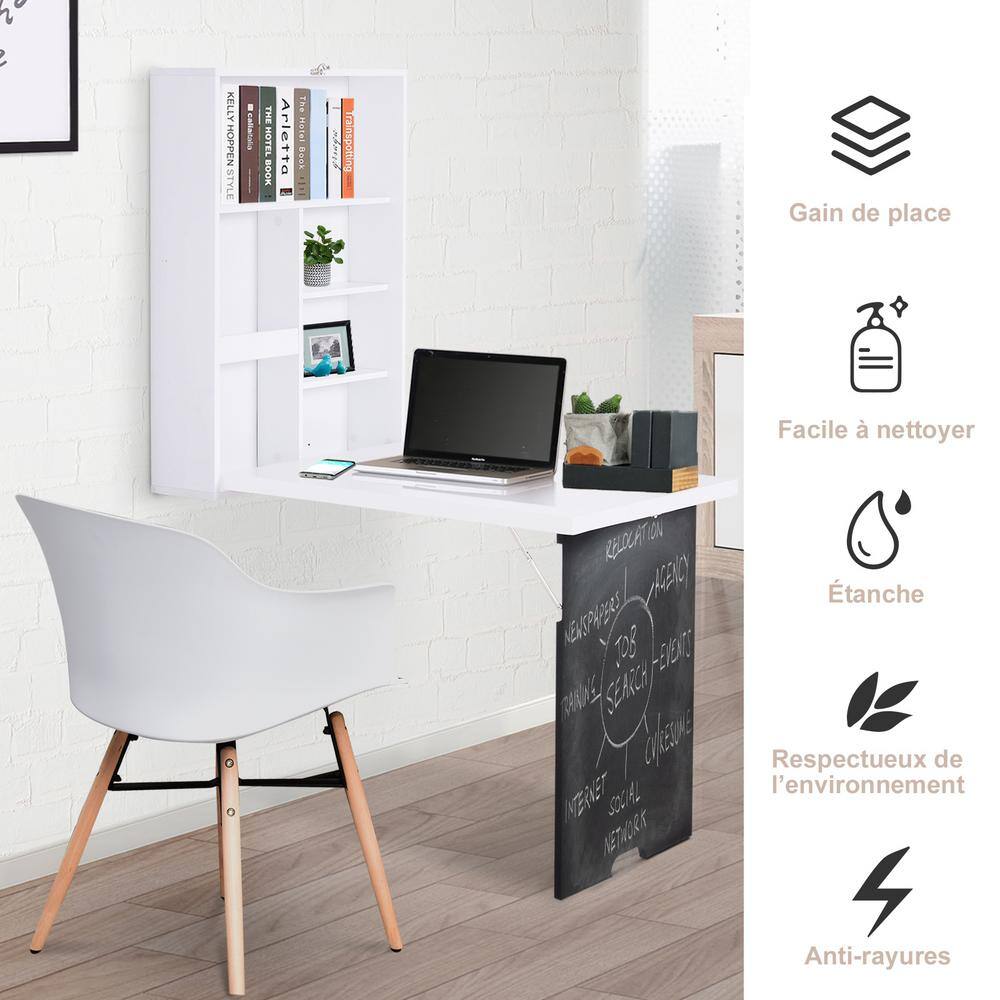 White Wall Mounted Foldable Desk with Blackboard and Shelves