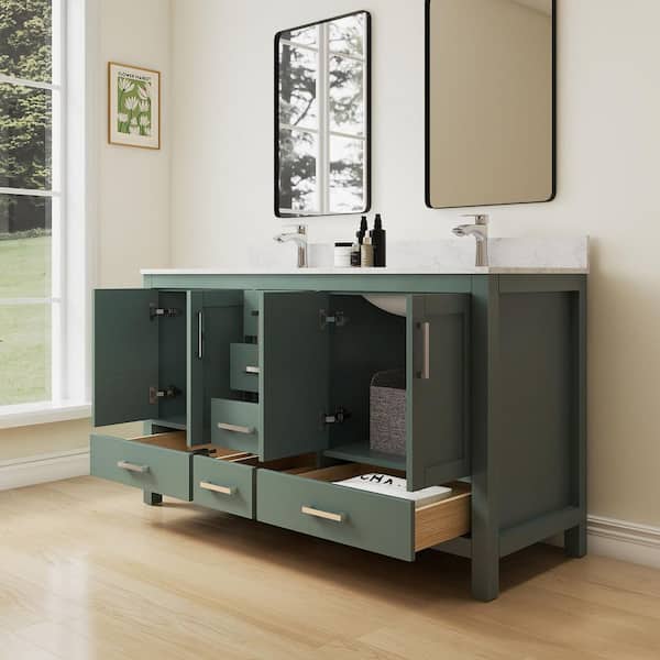 Thera 60in. W x 22in. D x 34 in. H Double Sink Freestanding Bath Vanity in Green w/ Large Vein White Cultured Marble Top