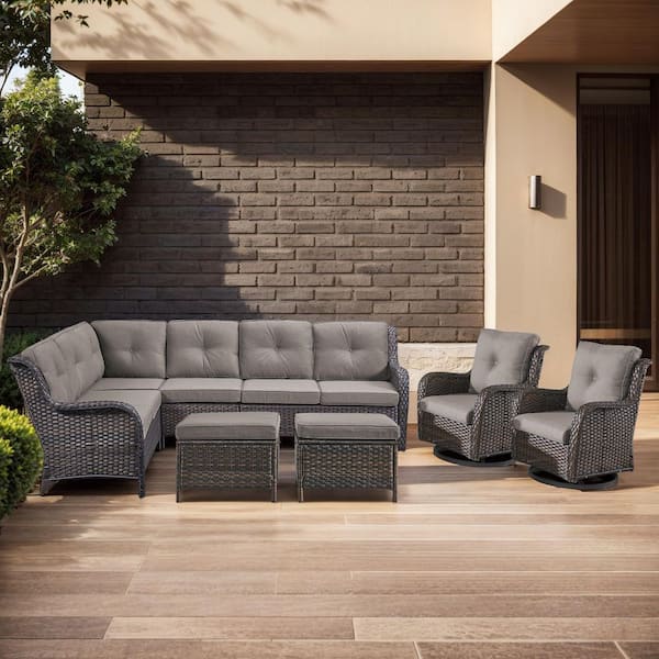 6-Piece Brown Wicker Patio Conversation Set with Olefin Gray Cushions L-Shaped Sofa with Ottoman/Swivel Patio Chairs