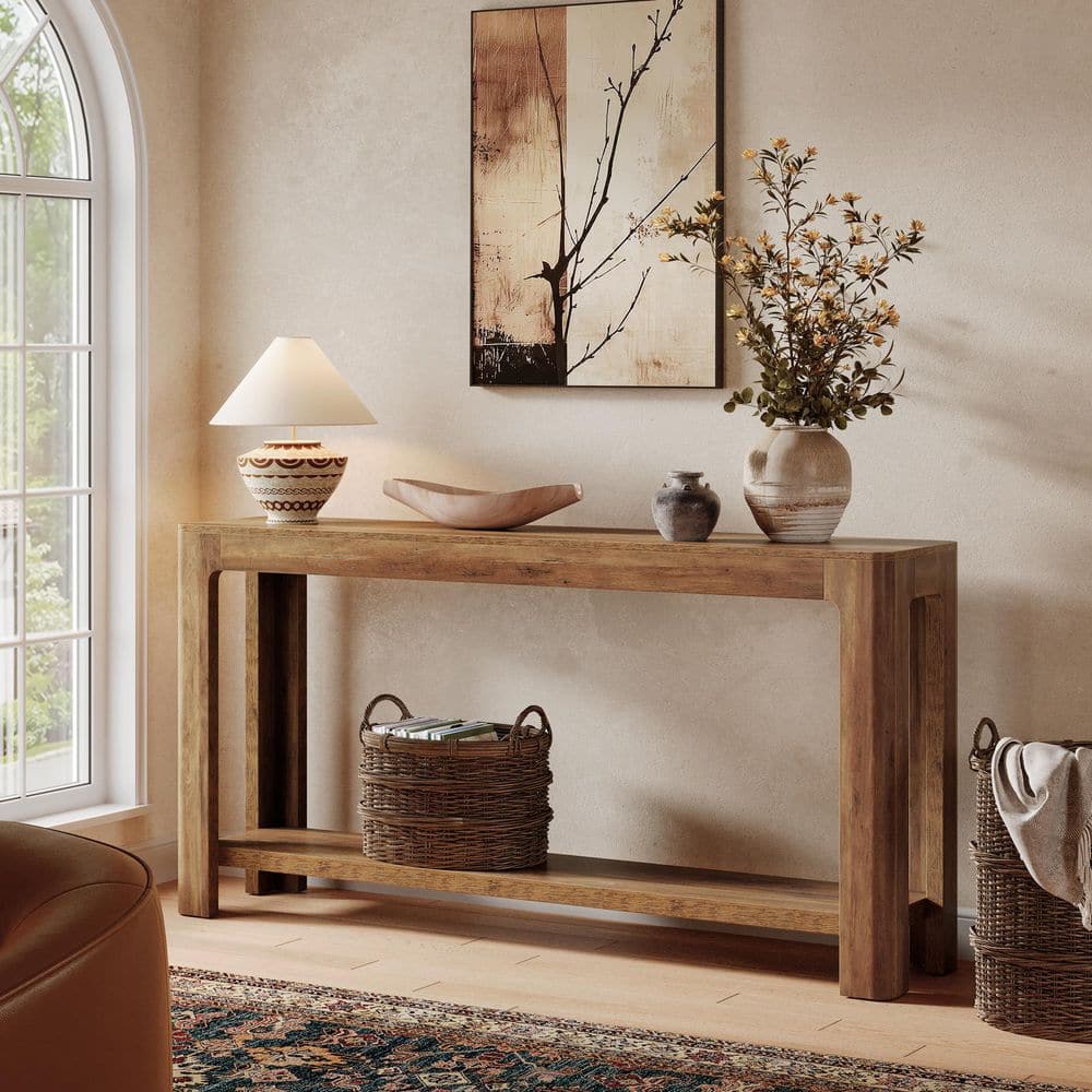 BYBLIGHT Turrella 63 in. Rustic Brown Rectangle Wood Console Table with 2-Tier for Storage, Narrow Long Sofa Table Behind Couch BB-HL0234LC
