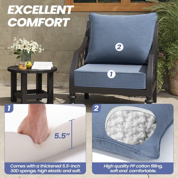 2-Piece Sunbrella Outdoor Couch Cushion Set in Blue 24 in. x 24 in. Fade-Resistant Patio Deep Seat Cushion with Straps