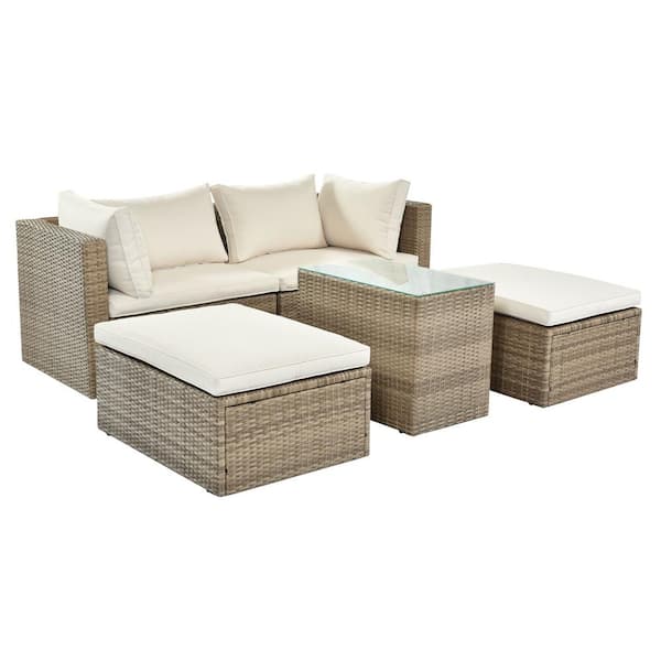 maocao hoom Brown 5-Pieces Wicker Outdoor Patio Conversation Sets with Beige Cushions