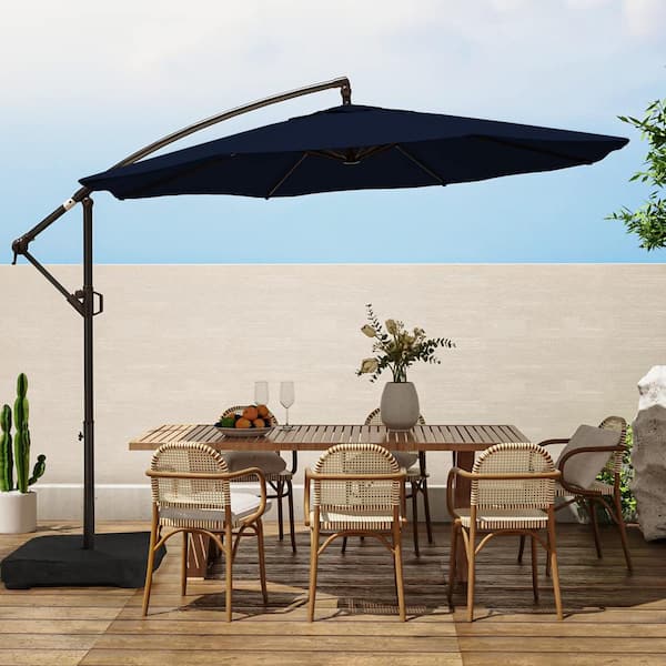 PASAMIC 10 ft. Aluminum Offset Cantilever Patio Umbrella with Base Included and Infinite Tilt in Navy Blue