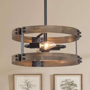Farmhouse 2-Light Brown Drum Chandelier for Dining Room with No Bulbs Included