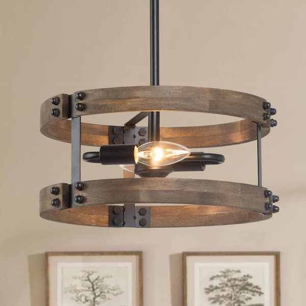 LNC Farmhouse 2-Light Brown Drum Chandelier for Dining Room with No Bulbs Included