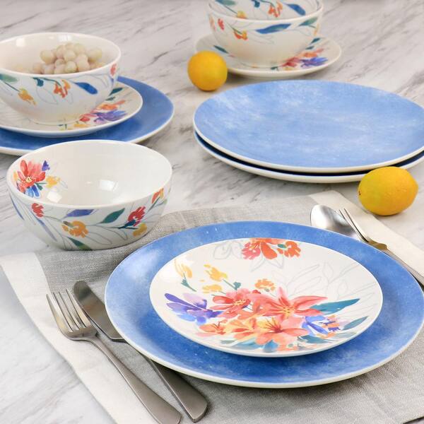 Blue 12-Piece Spice by Tia Mowry Goji Blossom Decorated Porcelain Dinnerware Set 