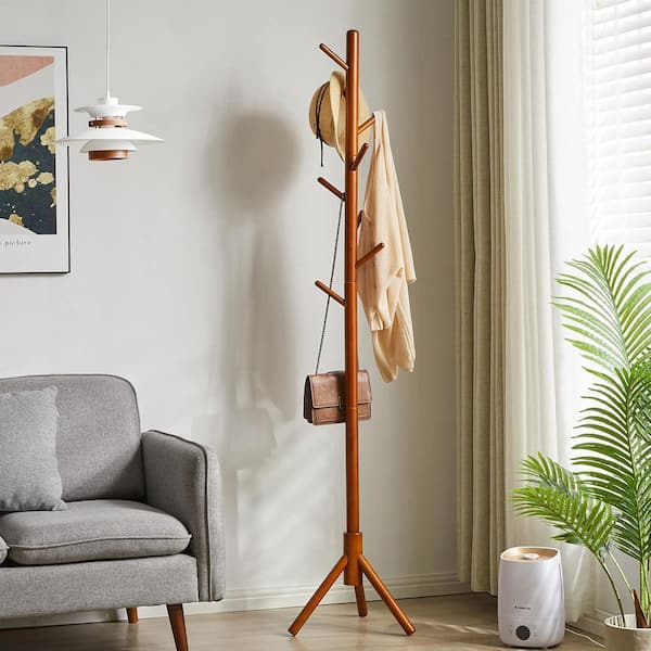 Freestanding Coat Tree Brown Solid Wood Umbrella Stand with 3 Height Adjustable-Hooks Sturdy Easy Assembly