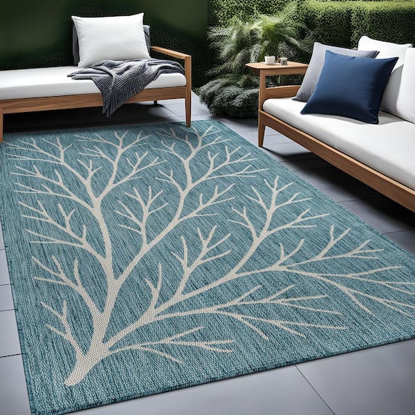 Flora Aqua 8 ft. x 10 ft. Coral Branch Washable Indoor Outdoor Area Rug