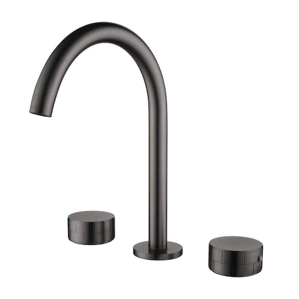 Fapully Deck Mount Double Handle High Arc Bathroom Faucet, 3-Holes Modern Bathroom Faucet in Gunmetal Gray