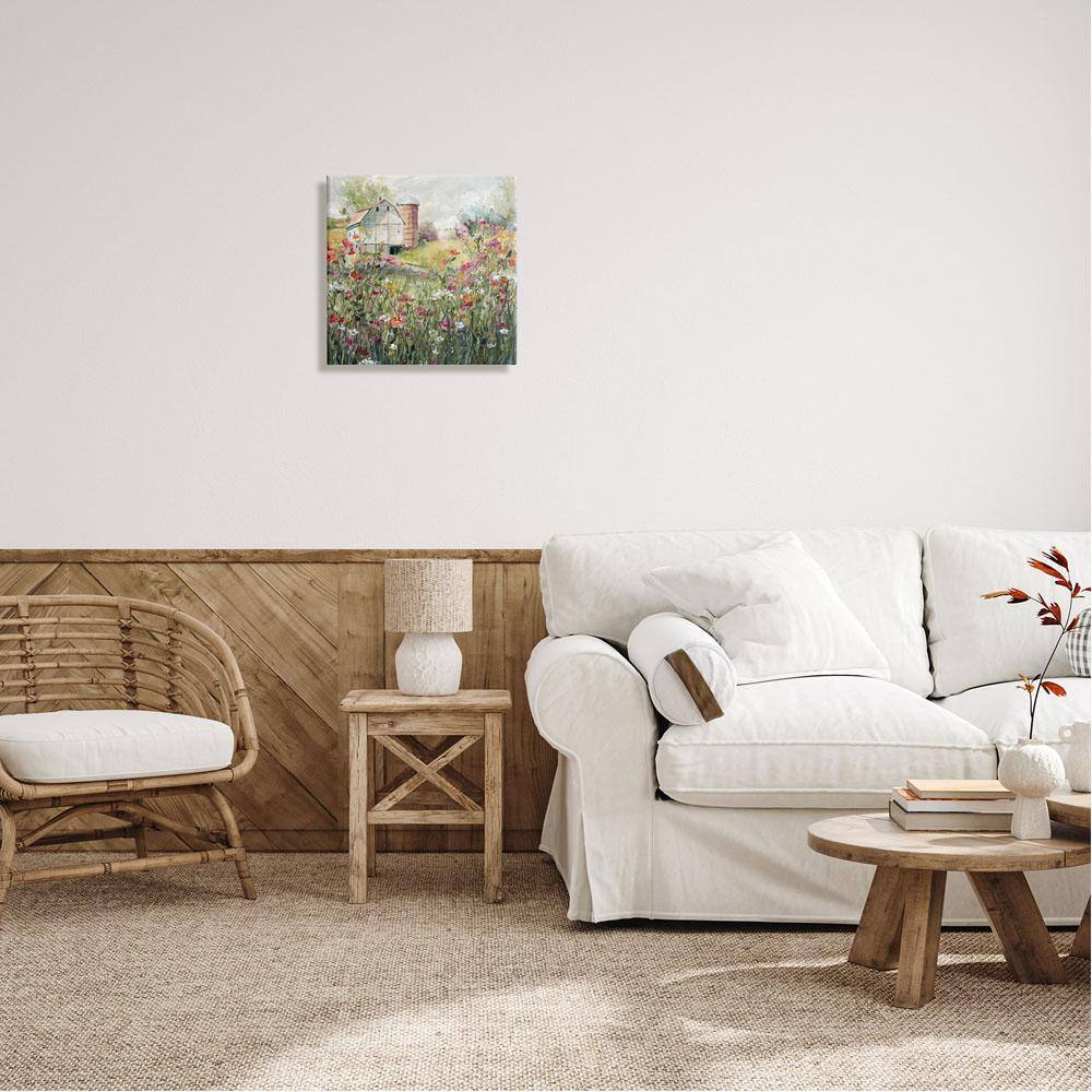 Vibrant Floral Landscape Canvas Art with Barn, 18x22